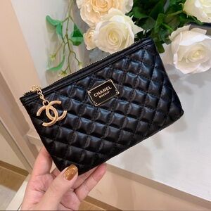 GWP Chanel Black Quilted Cosmetic Bag with Gold Accents